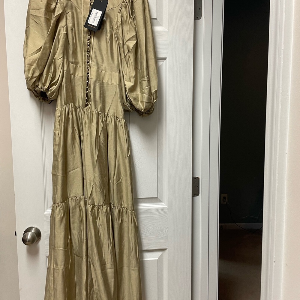 BGL Tan Gown with V-Neck and Bishop Sleeves for Wedding Guest